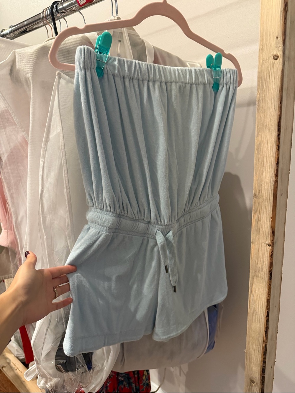 Ocean Drive Light Blue Strapless Terry Romper with Drawstring